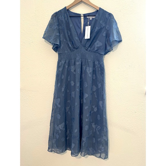Baltic Born Dresses & Skirts - Baltic Born Blue Floral Embroidered Smocked Midi Dress V-Neck Flutter Sleeve M